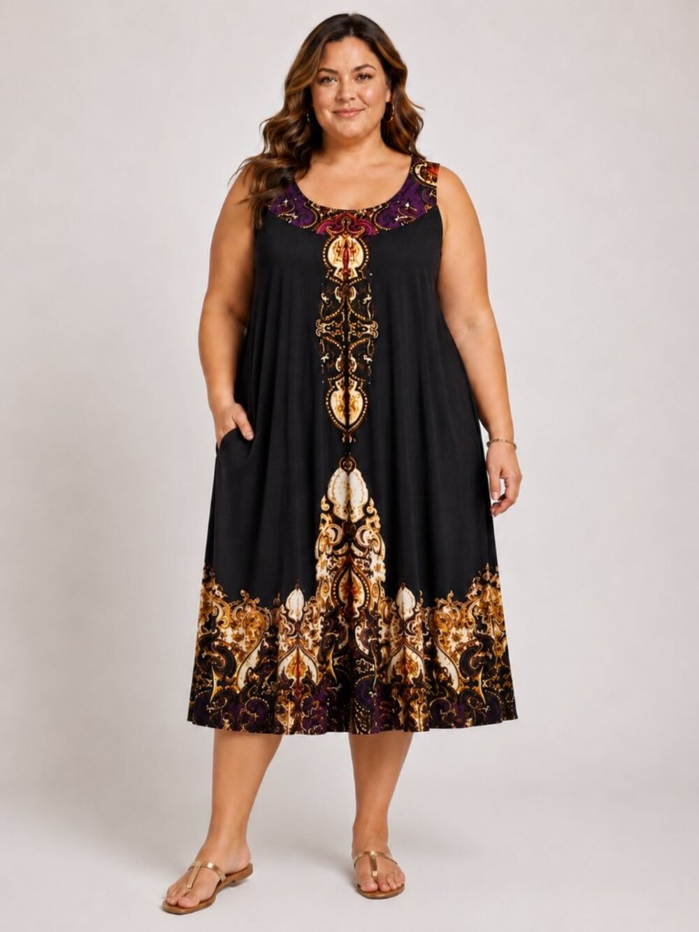 CSC Studio Sleeveless Midi-Dress, Black with Multicolor Print, Size 3X
